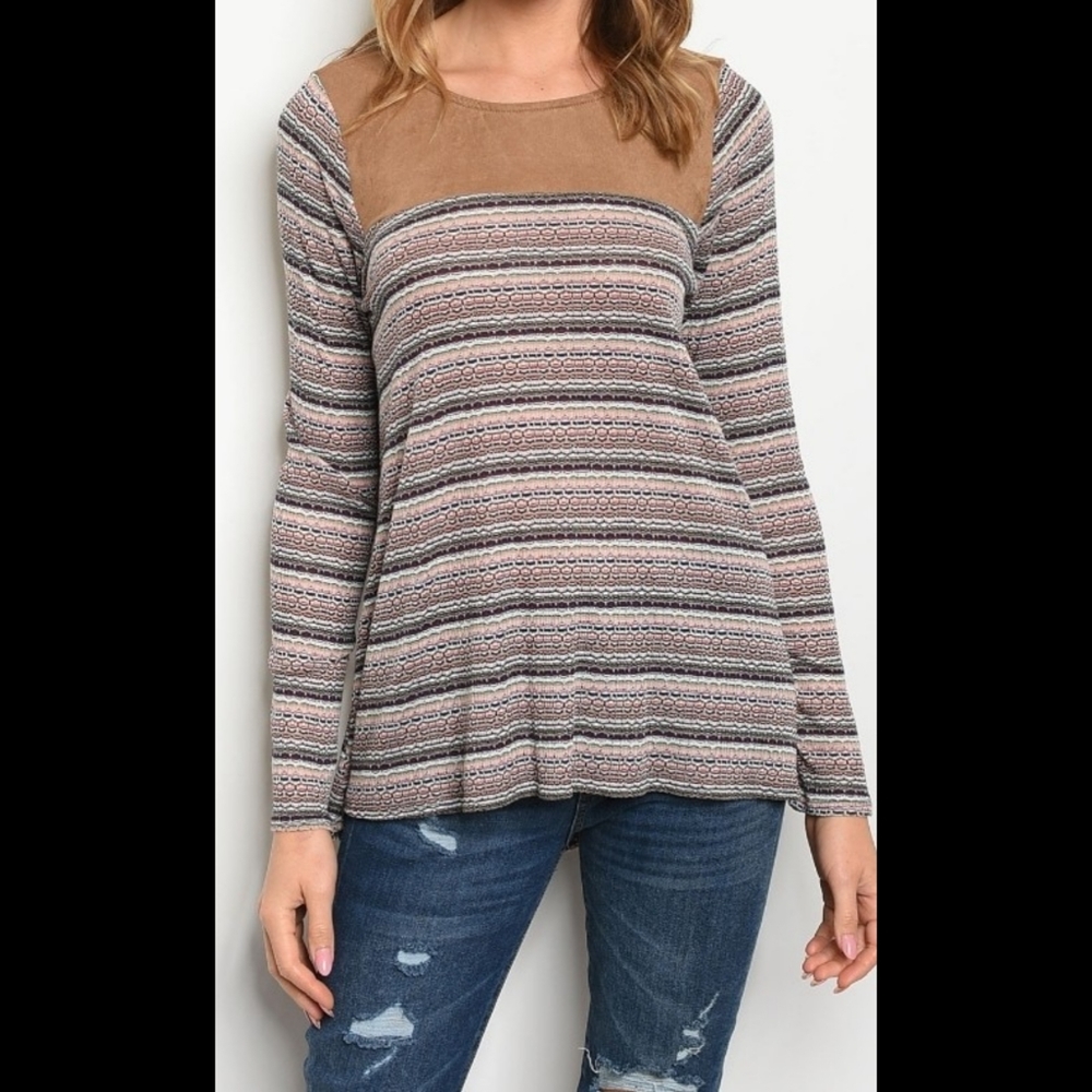 5⭐Navy striped suede round neck tunic with slit